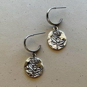 Silver Rose Flower Charm Dangle Hoops